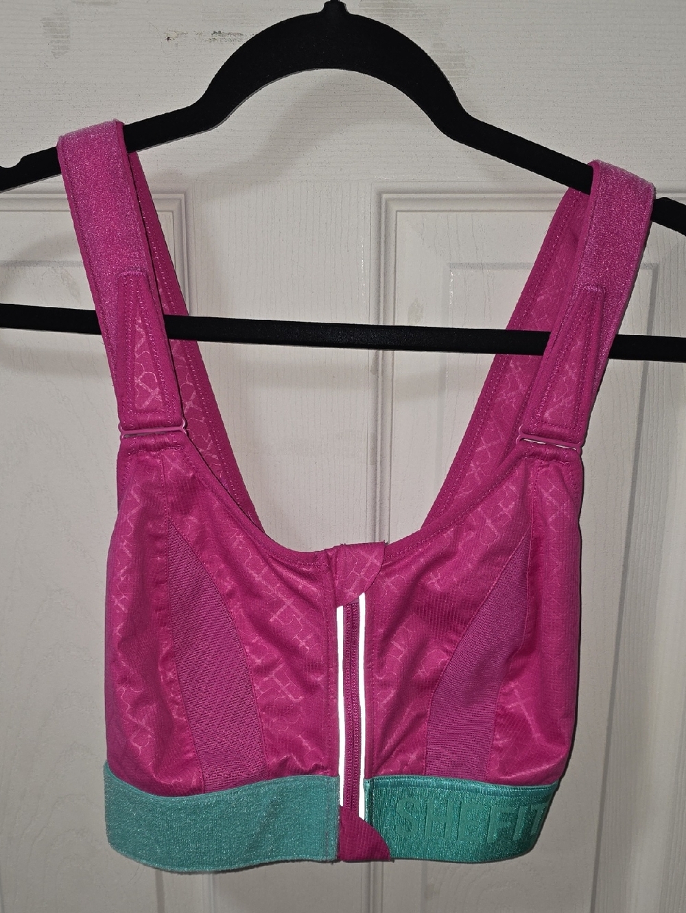 SHEFIT Front-Zip High Support Sports Bra in Magenta with Teal Band Size 1 Luxe